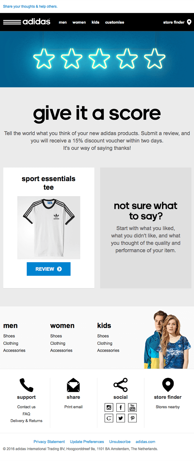 Email from adidas asking me to leave a review of my sport essentials tee in exchange for a 15% discount voucher