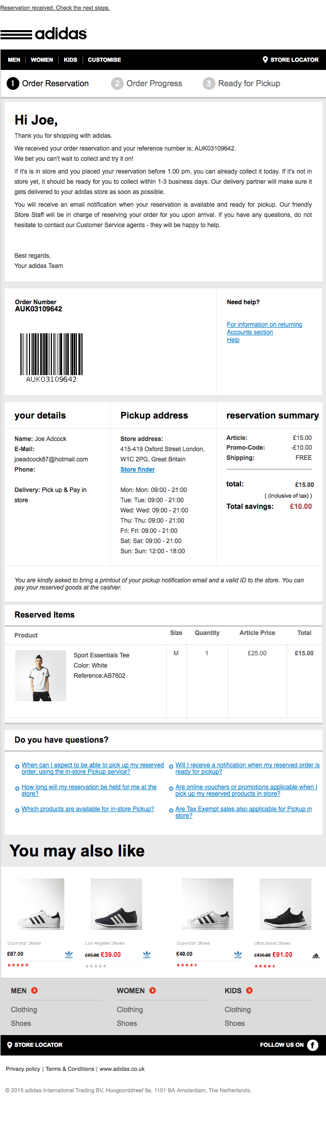 Email from adidas confirming receipt of my second order