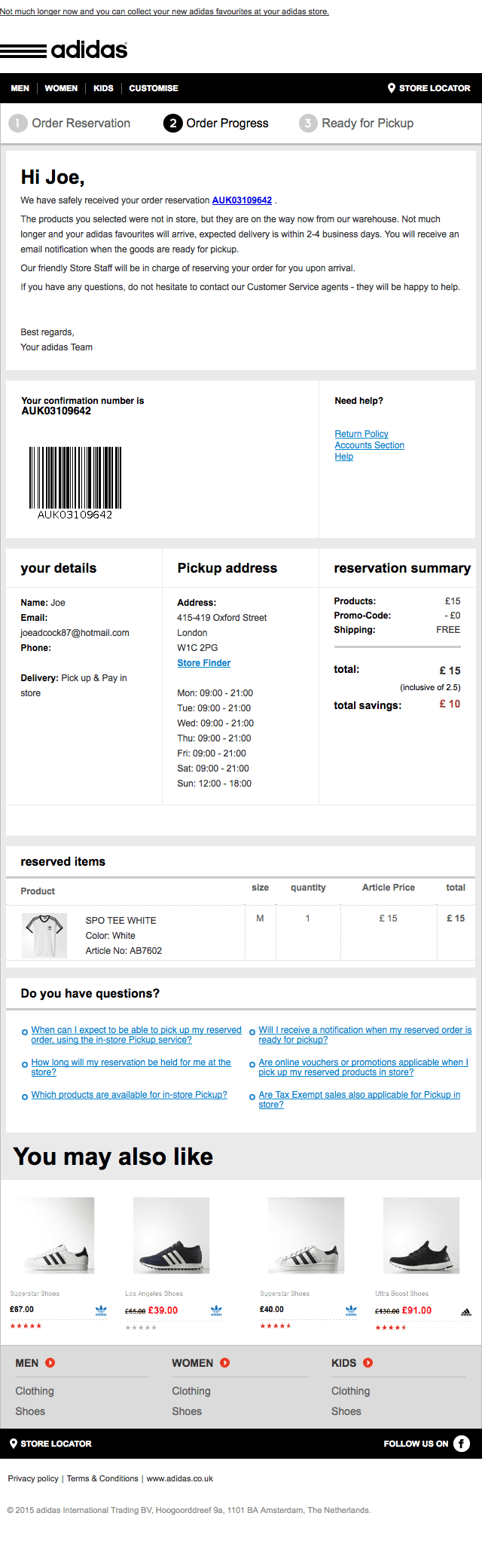 Email from adidas confirming that my second reservation is on its way to the store from the warehouse